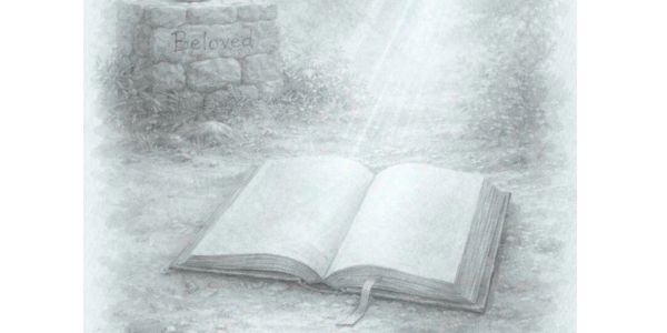 A glowing open book on the ground with light shining down and a stone wall inscribed 'Beloved'.