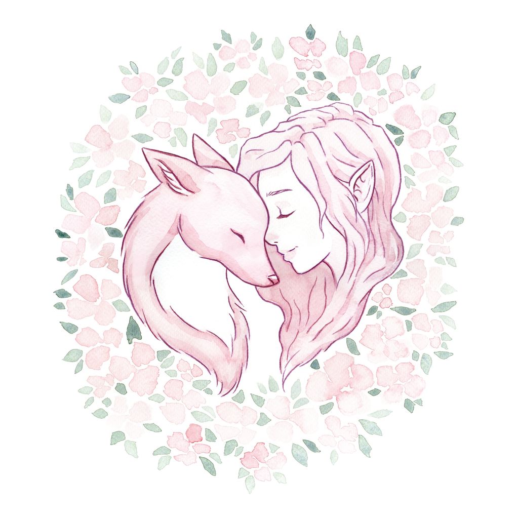 Vennskap. Alv og rev som er venner. Omringet av rosa blomster.