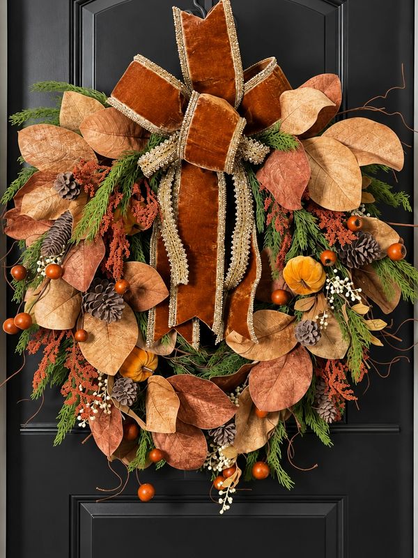 Autumn-themed wreath with velvet bow on a black door.