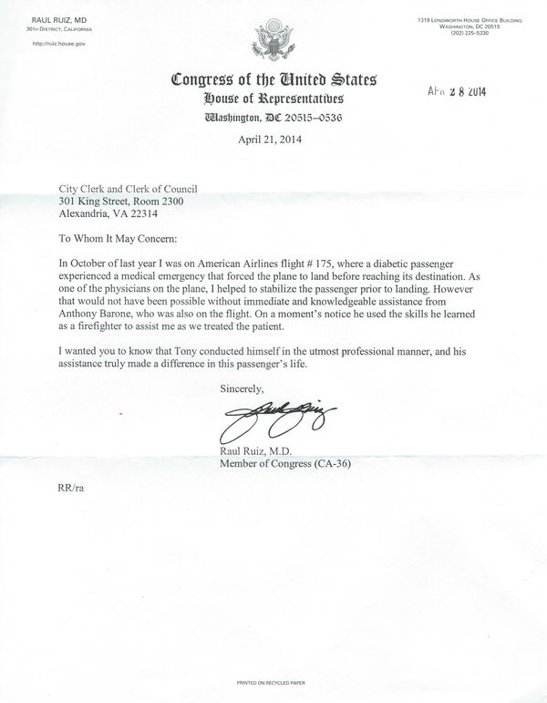 Letters from Congressman Raul Ruiz (CA-36) and City of Alexandria, Vice Mayor Allison Silberberg.