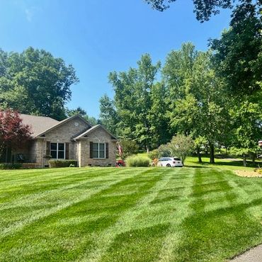 A well-manicured lawn with a house and trees under a clear blue sky.