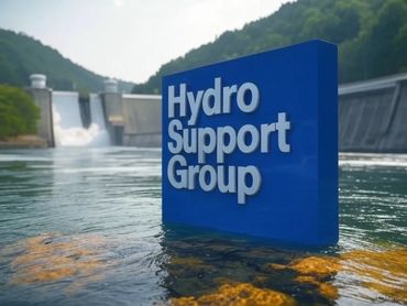 A blue sign reading 'Hydro Support Group' in water near a dam.
