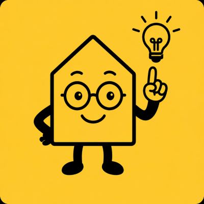 Cute house character with glasses and a glowing light bulb idea.