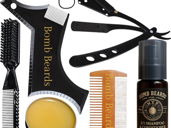 Complete beard grooming kit with combs, scissors, razor, balm, and shampoo.