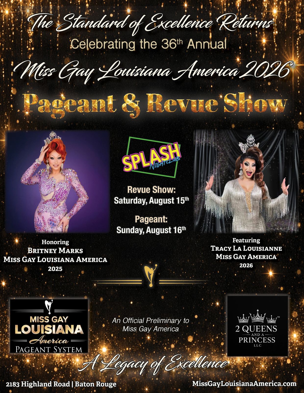 Flyer for Miss Gay Louisiana America 2026 Pageant & Revue Show with honorees and event dates.