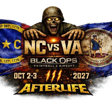 NC vs VA Black Ops Afterlife paintball event poster with zombie soldier and flags.