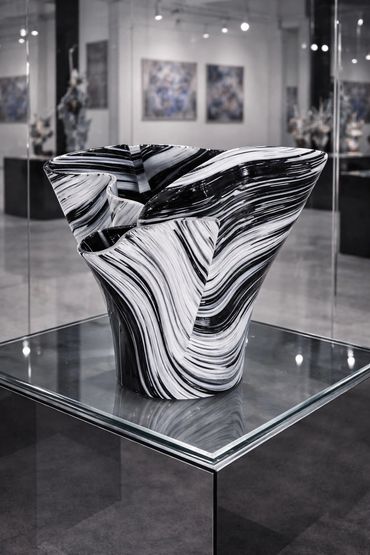 Black and white swirled abstract ceramic sculpture on glass pedestal.