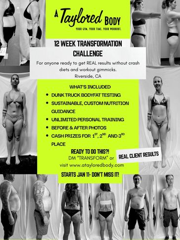 Before-and-after client photos promoting A Taylored Body’s 12-week Transformation Challenge