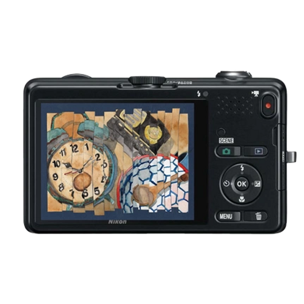 Digital camera displaying an artistic collage of clocks and other objects.