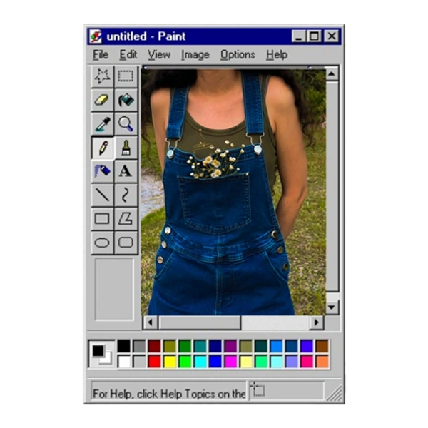 Photo of a person in overalls edited within an old MS Paint window.