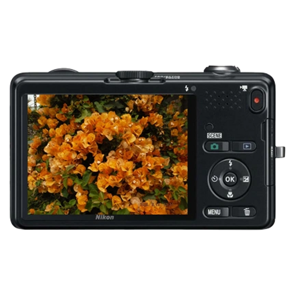 Digital camera showing orange flowers on its LCD screen.