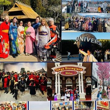 Group photos capturing an educational trip to Japan with cultural experiences and famous landmarks.