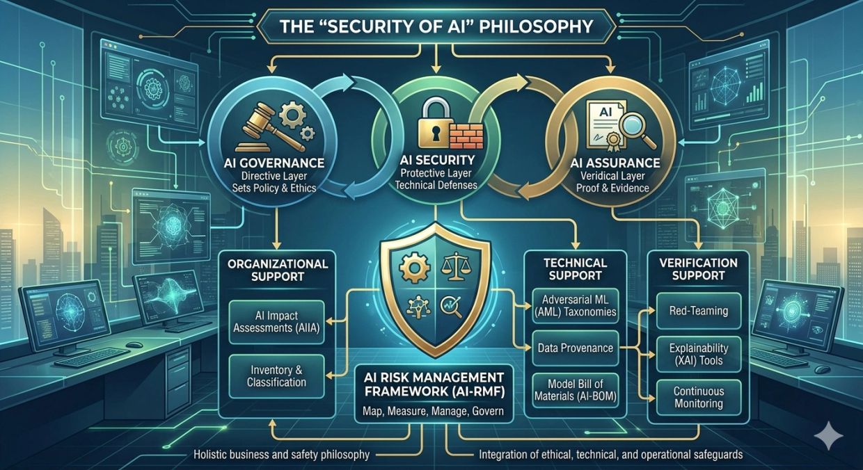 Diagram illustrating the 'Security of AI' philosophy with governance, security, assurance, and risk management framework.