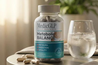 MedicGLP Metabolic Balance dietary supplement bottle with capsules and a glass of water.