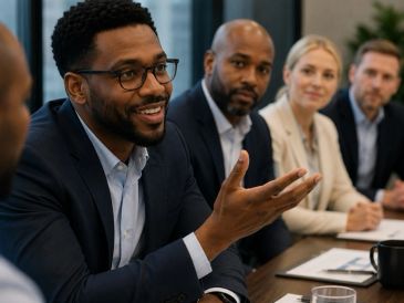 A man in glasses speaks confidently during a business meeting.