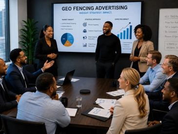 Team discussing geo fencing advertising strategy in a meeting room.