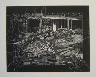 "Cottage Garden II" is a finely drawn scene with beautiful black & white patterns!