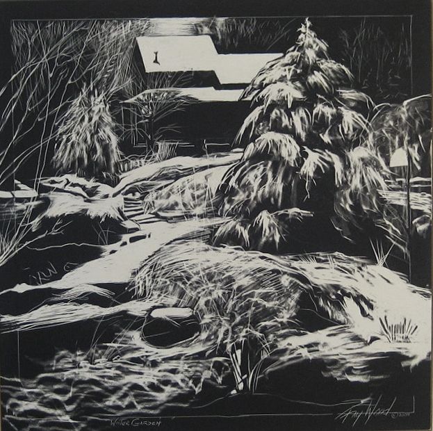 A complex drawing on Claybord Black,using tools both hand-made and purchased. "Winter Garden".