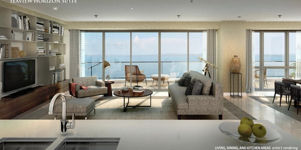 Living, dining and kitchen areas for a seaview horizon suite unit