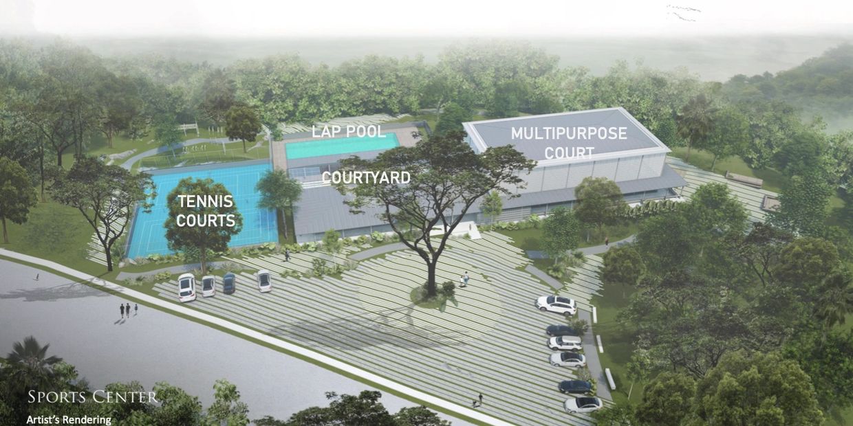 Aerial view of the tennis courts, lap pool, courtyard and multipurpose court