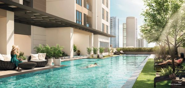 Artist's rendering of the pool area in Mergent Residences