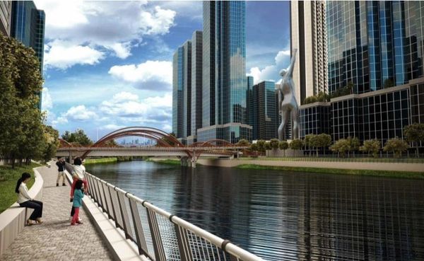 Artist's rendering of the iconic bridge in Bridgetowne estate and nearby buildings