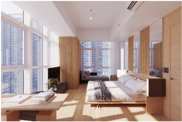 Artist's rendering of the bedroom of a unit