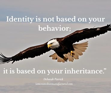 A bald eagle flying with an inspirational quote about identity and inheritance.