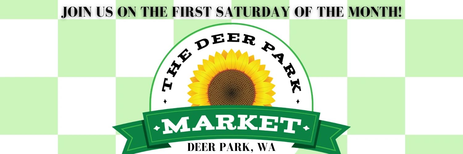 The Deer Park Market promotional banner with green checkered background and Deer Park, WA below 