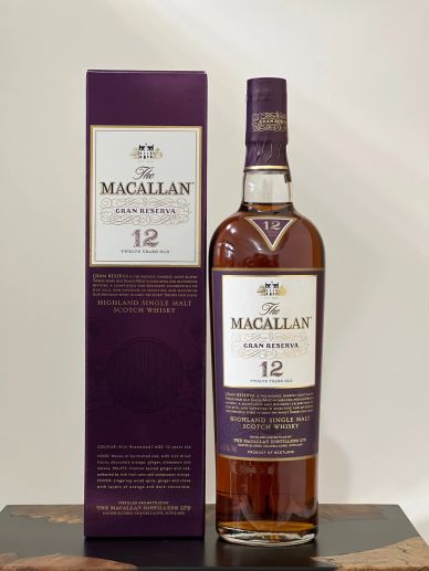 Bottle and box of The Macallan 12-year-old Gran Reserva whisky.
