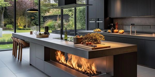 Aquafire vapor fireplace set into kitchen counter