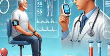 A doctor checks a senior man's blood sugar with digital medical devices around.