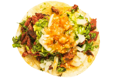 A carne asada taco with onions, cilantro, and salsa on a corn tortilla.