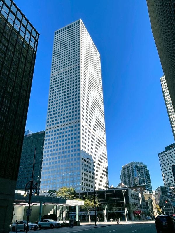 White tower and a clear blue sky in Denver, Colorado