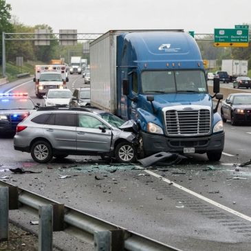 Car and truck collision on highway with emergency responders.