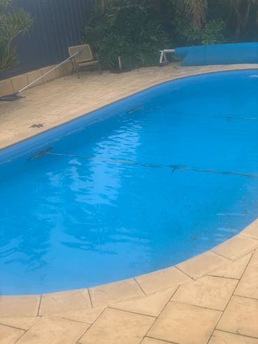 A clean backyard pool with a pool skimmer and a chair nearby.