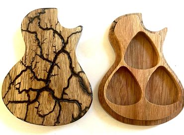 Guitar shaped guitar pick holder. Acacia wood. 