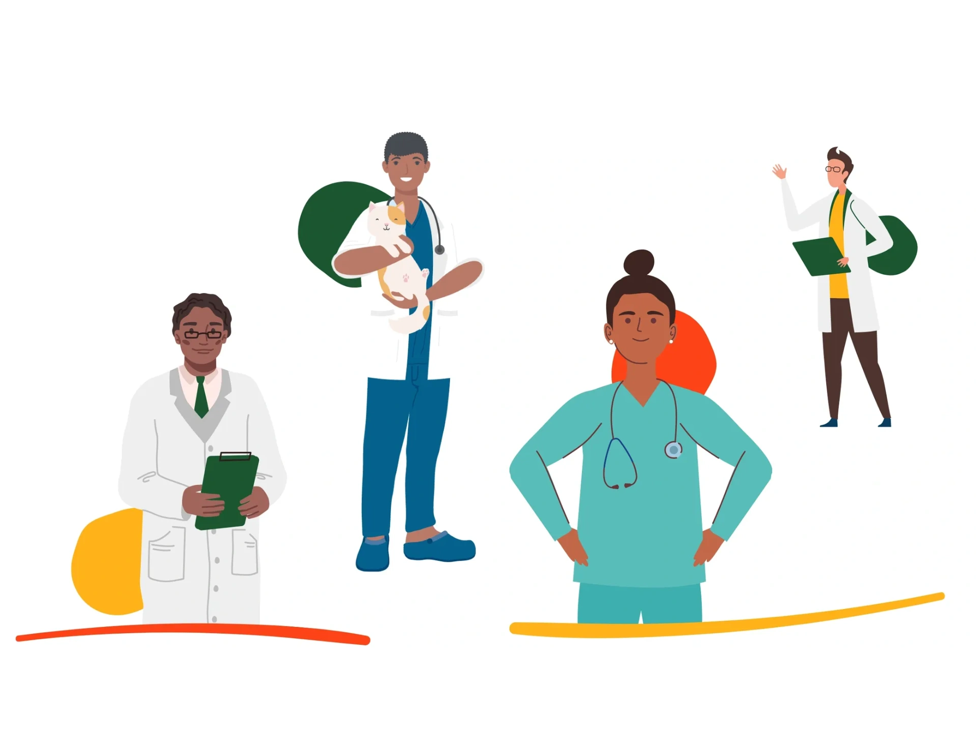 Illustration of healthcare professionals learning medical Spanish in online classes.