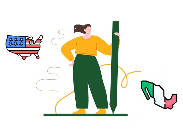 Woman standing on a tablet with a pen, representing American English and Mexican Spanish