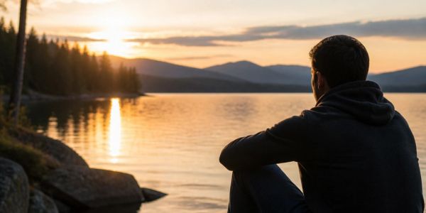 Realistic image of man observing a sunset over a lake, thinking about life, and accepting where he i