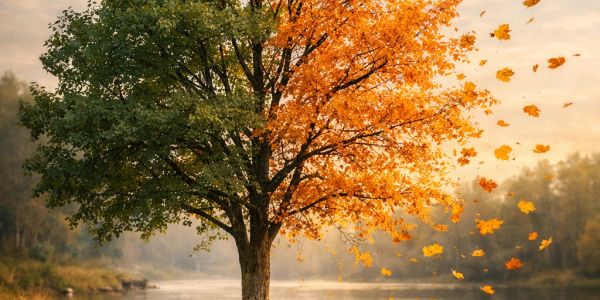 Realistic image of a tree that has different color leaves, representing change and growth.