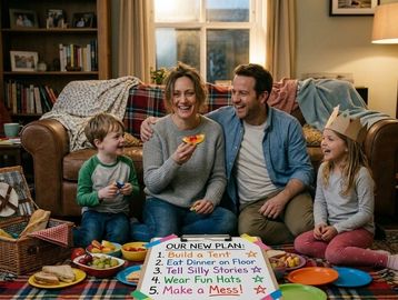 Family enjoying a fun indoor picnic with a playful plan on the floor.