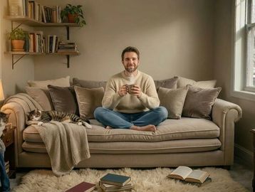 A man sits cross-legged on a cozy sofa with two cats nearby in a warm, inviting room.