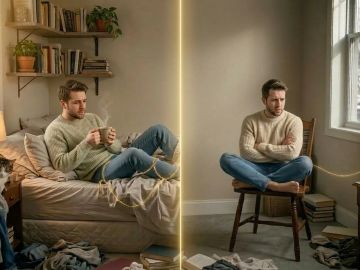 Two men in cozy rooms connected by glowing golden thread.