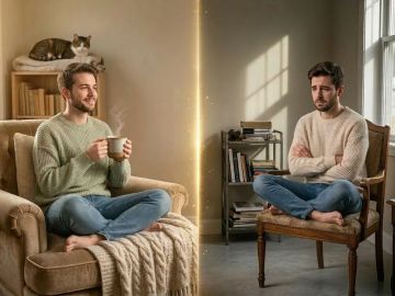Two men with contrasting moods sit separated by a glowing line in a cozy room.