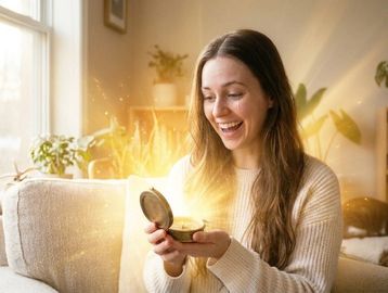 A joyful woman holding a glowing, magical box on a cozy couch.