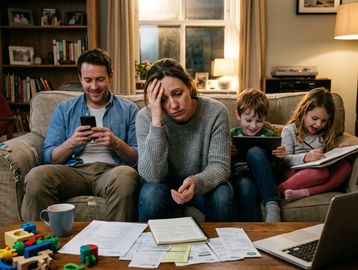 A stressed mother sits between a happy father and two kids on a sofa, surrounded by bills and a laptop.