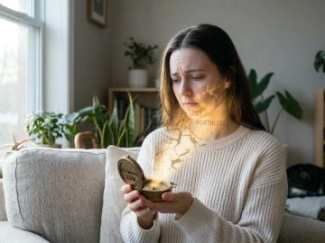 Woman with low self-worth holding a glowing compass symbolizing negative feelings.