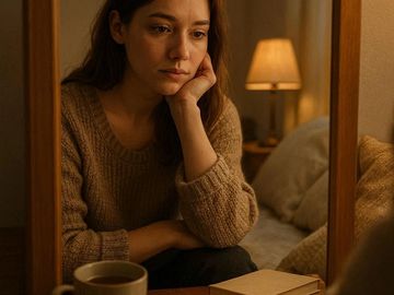 A woman in a cozy sweater looks thoughtfully into a mirror with a warm lamp in the background.