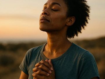 A woman with closed eyes and clasped hands, appearing peaceful outdoors at sunset.